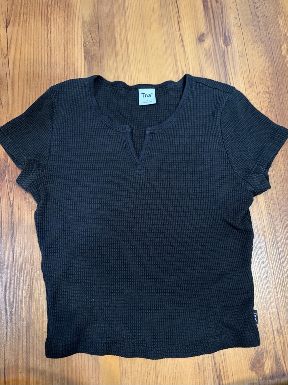 TNA Black Short Sleeve Waffle Knit Top with Notch Neck